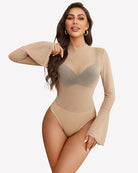 Nude long sleeve rhinestone bodysuit with V-neckline and flare cuffs.