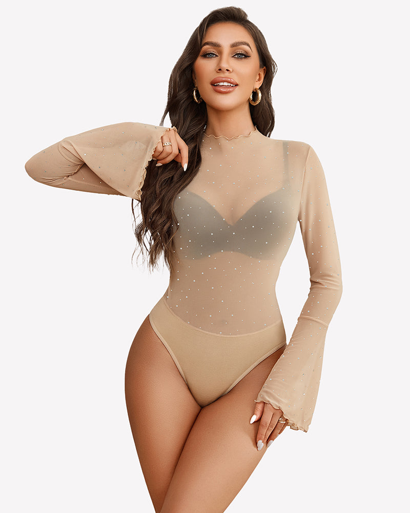 Nude long sleeve rhinestone bodysuit with V-neckline and flare cuffs.