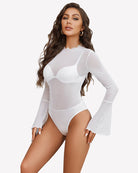 White long sleeve rhinestone bodysuit with high neck and fitted sheer bodice.