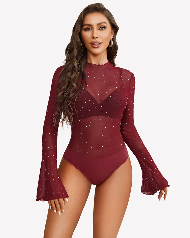 Wine red long sleeve rhinestone bodysuit with sheer sparkle and V neckline.