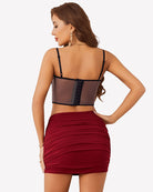 Wine red ruched bodycon double-layer mini skirt with gathered front panels.