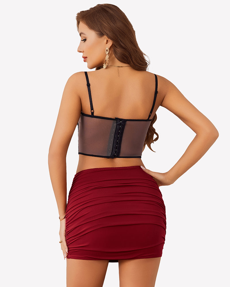 Wine red ruched bodycon double-layer mini skirt with gathered front panels.