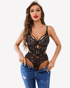 Black lace teddy bodysuit with V-neck lace overlay and cut-out front