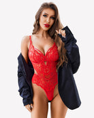 Red lace teddy bodysuit with V-neck and cut-out front