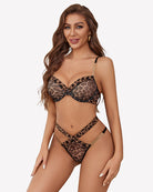 Leopard print push-up bra and cheeky panty set with gold chain accents, black sheer