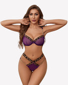 Purple and leopard print push-up bra and panty set with gold chain accents
