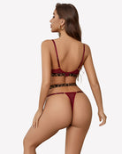 Leopard push-up bra and chain panty set, wine red sheer back view with chain accents