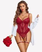 Deep V teddy lingerie one-piece in dark red with lace cups, ruffle hem, and garter straps.
