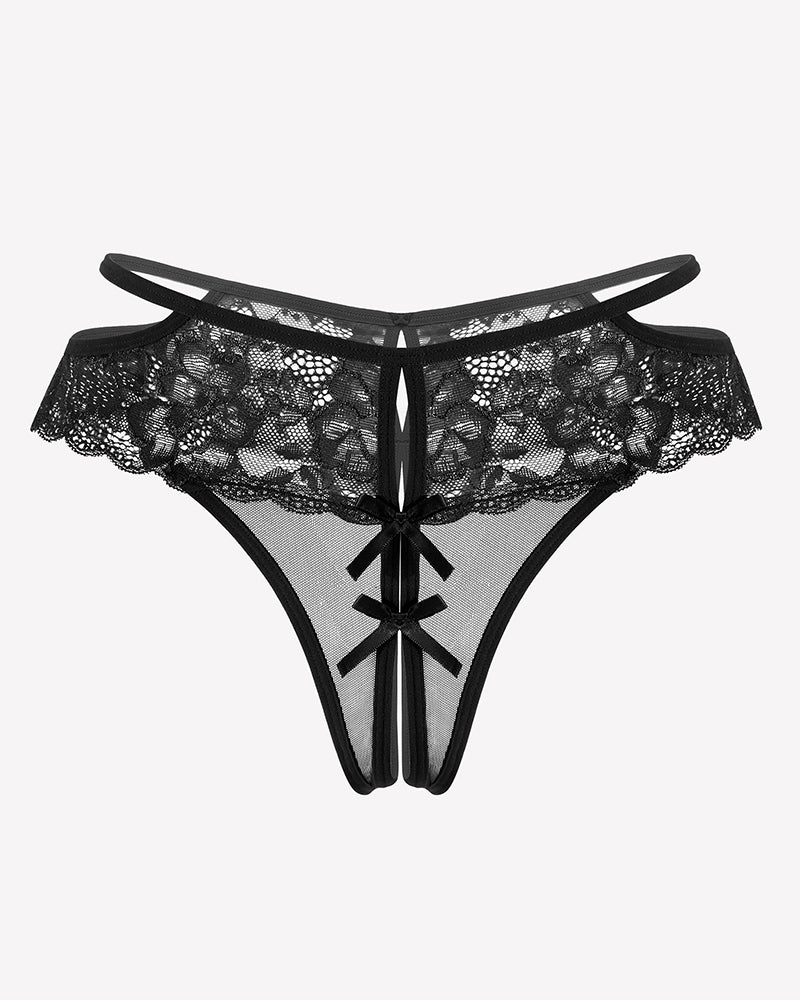 Black lace mesh cheeky thong with scalloped trim and center cutout with bow detail