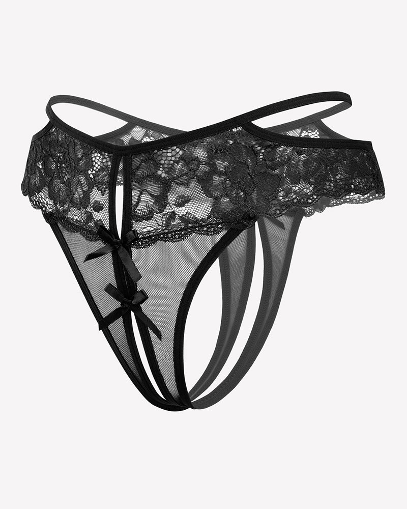 Black lace mesh cheeky thong with scalloped lace band and ribbon bow at center