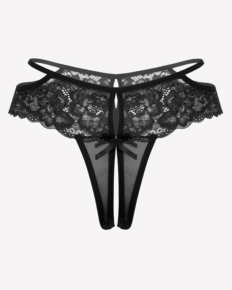 Black lace mesh cheeky thong with lace waistband, vertical cutouts, and center bow