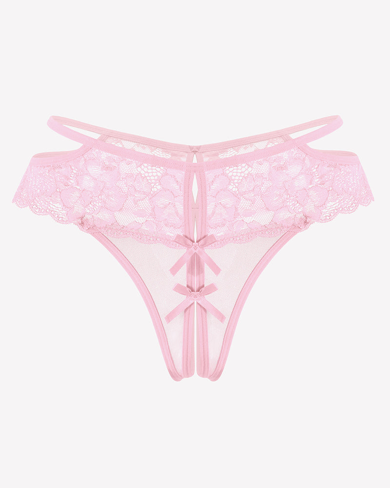 Pink lace mesh cheeky thong with scalloped lace trim and center ribbon bow detail