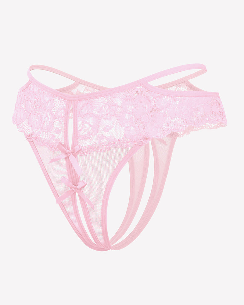 Pink lace mesh cheeky thong with ribbon bows and sheer strappy side panels