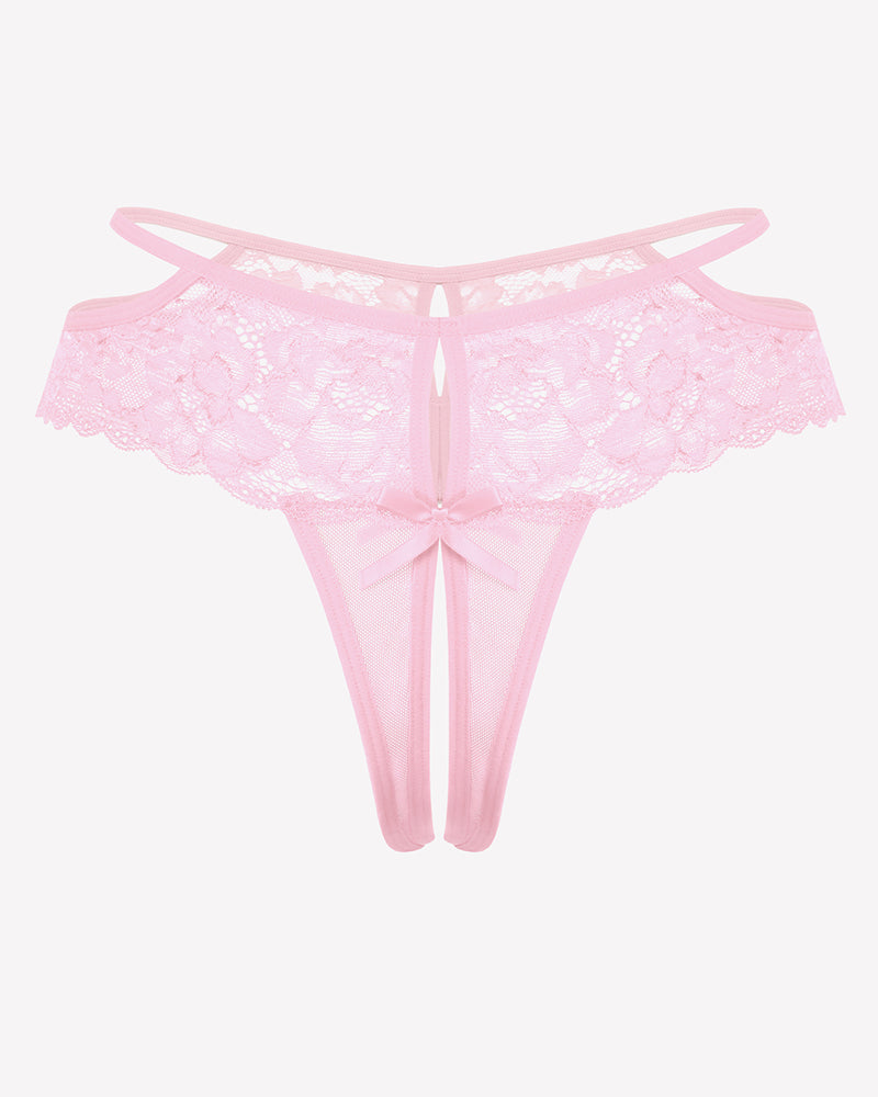 Pink lace mesh cheeky thong with scalloped lace band and center cutout with bow