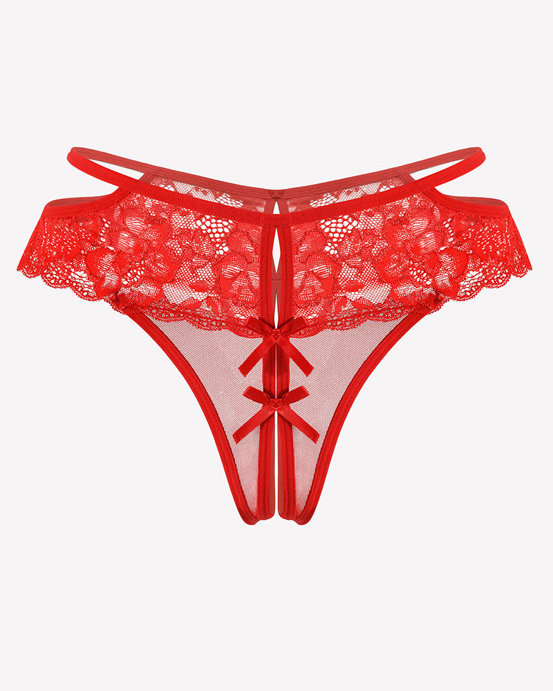 Red lace mesh cheeky thong with scalloped trim, center cutout, and ribbon bow