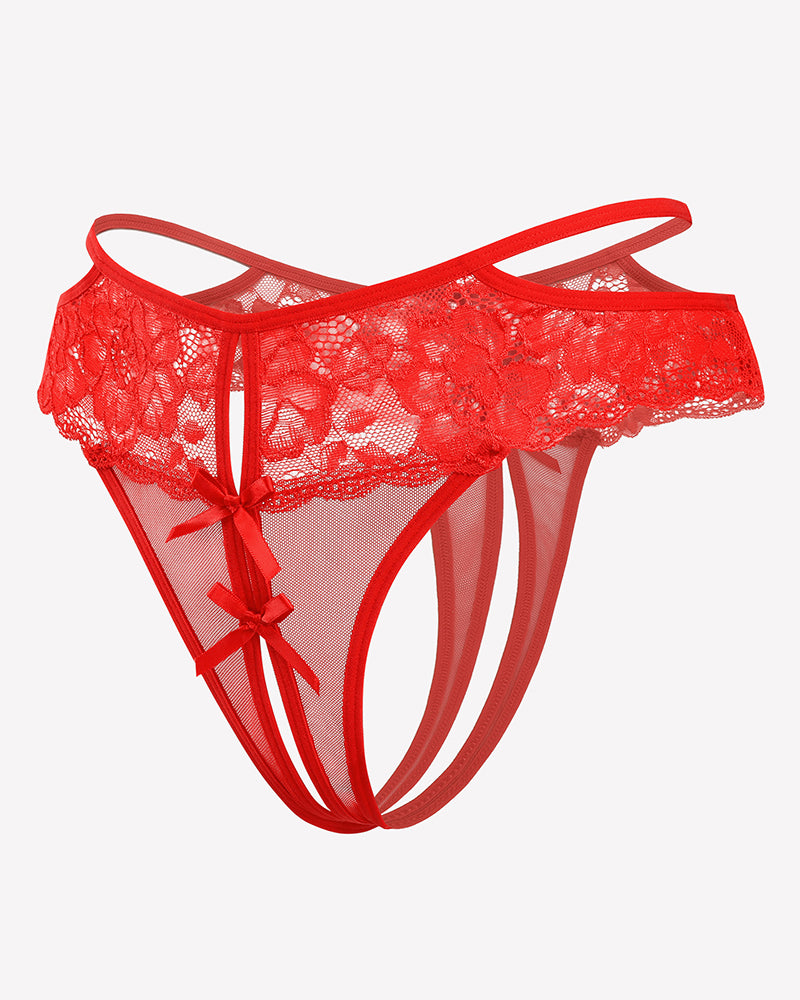 Red lace mesh cheeky thong with ribbon bows and sheer vertical side straps
