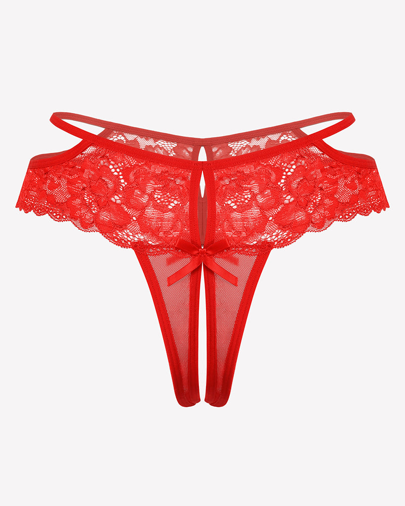 Red lace mesh cheeky thong with scalloped lace waistband and center bow detail