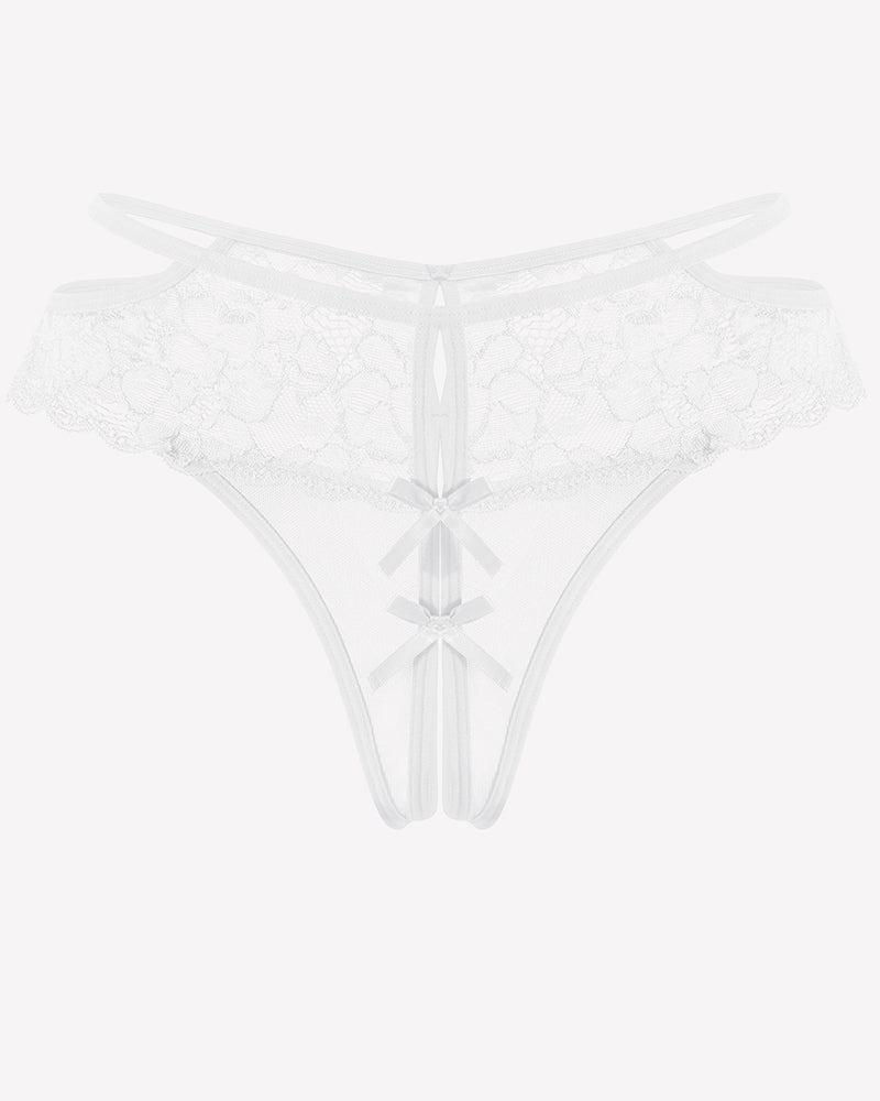 White lace mesh cheeky thong with scalloped lace trim and center bow cutout detail