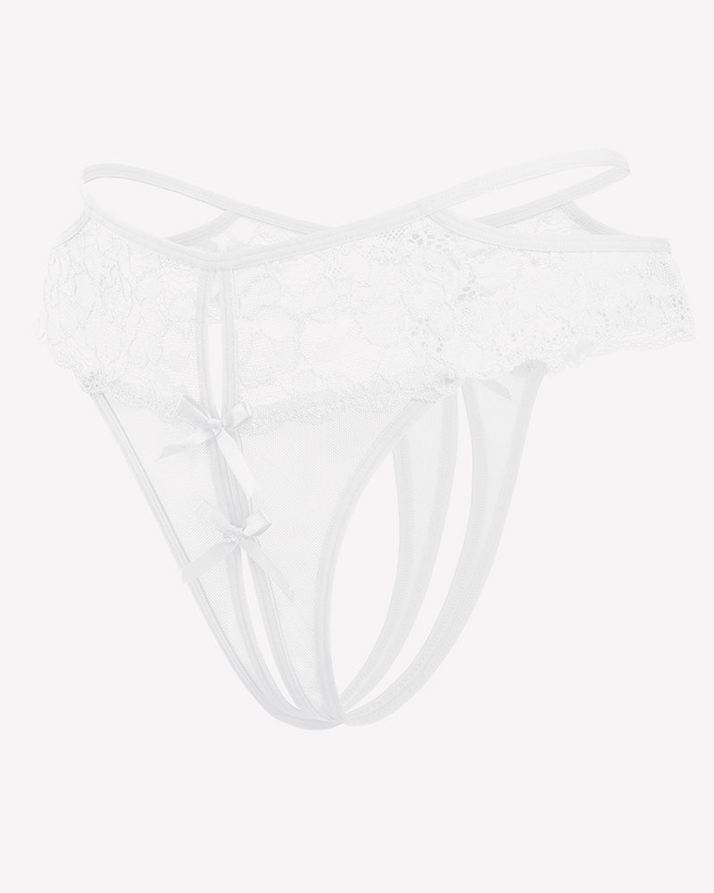 White lace mesh hollow thong with lace wings and bow accents at front