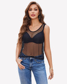 Black fishnet sleeveless top with scoop neckline and contrast mesh panel