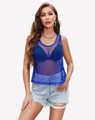 Blue fishnet sleeveless top with scoop neckline and contrast mesh stripe