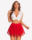 Red lace layered asymmetrical short skirt with ruffled scalloped edge