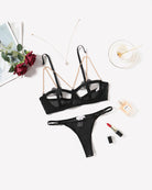 Black chain-heart cutout bra and thong set with lace heart and gold chains