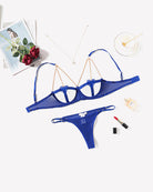Blue chain-heart cutout bra and thong set with gold-tone chain straps