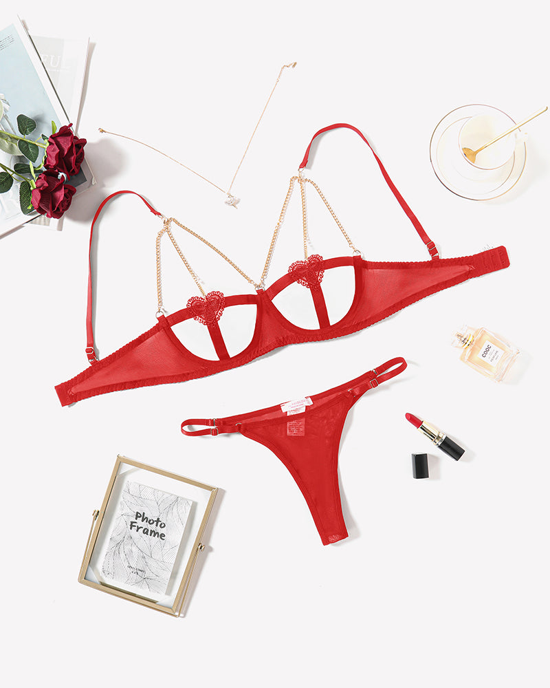 Red chain-heart cutout bra and thong set with gold-tone chain straps