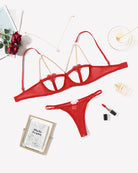 Red chain-heart cutout bra and thong set with gold-tone chain straps