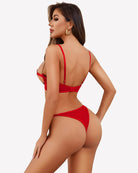 Red chain strap cutout bra and thong panty set, back view