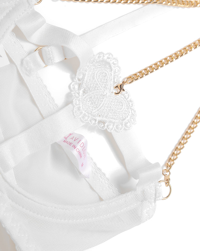White heart cutout bra and panty set, lace cups with gold chain straps