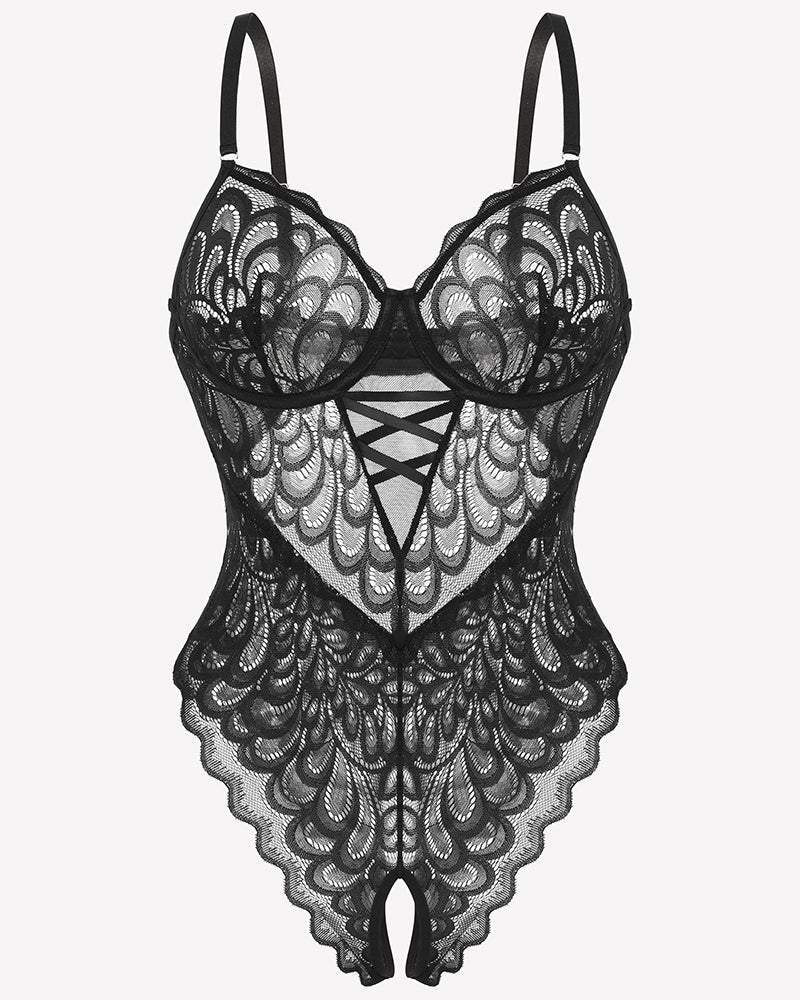 Black lace crotchless teddy bodysuit with deep V neckline and scalloped lace