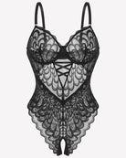 Black lace crotchless teddy bodysuit with deep V neckline and scalloped lace