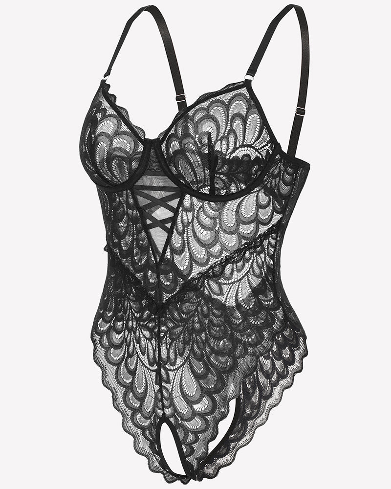 Black lace crotchless teddy bodysuit with crisscross front panel and underwire cups