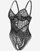 Black lace crotchless teddy bodysuit with crisscross front panel and underwire cups