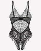 Black lace crotchless teddy bodysuit with crisscross front detail and scalloped edges