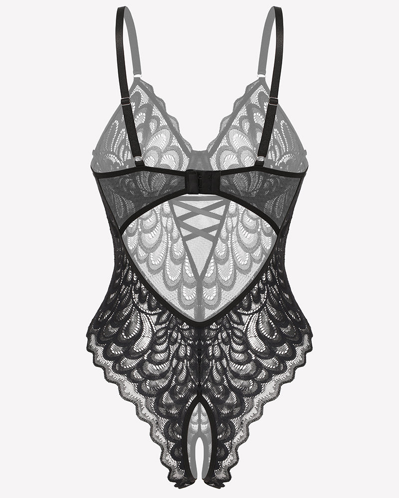 Black lace crotchless teddy bodysuit with crisscross front detail and scalloped edges
