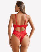 Red lace crotchless bodysuit with open back and lace thong-style bottom
