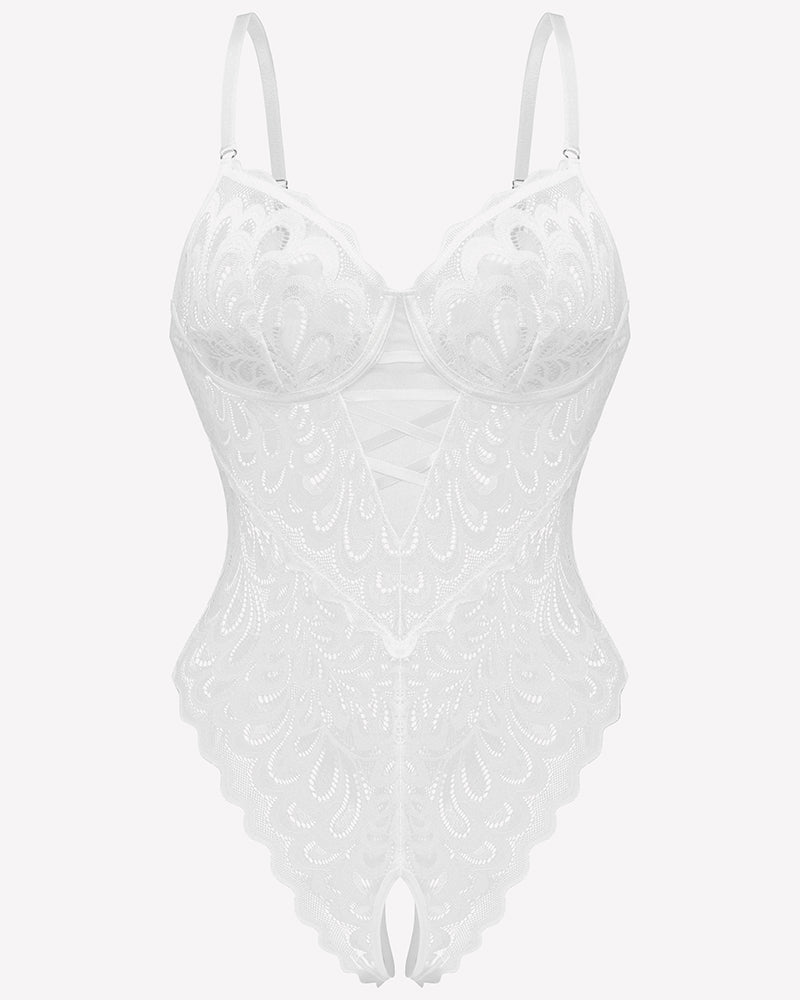 White lace crotchless teddy bodysuit with underwire cups and strappy mesh panel