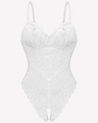 White lace crotchless teddy bodysuit with underwire cups and strappy mesh panel