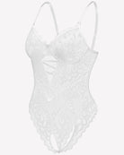 White lace crotchless teddy bodysuit with underwire cups and allover lace detailing