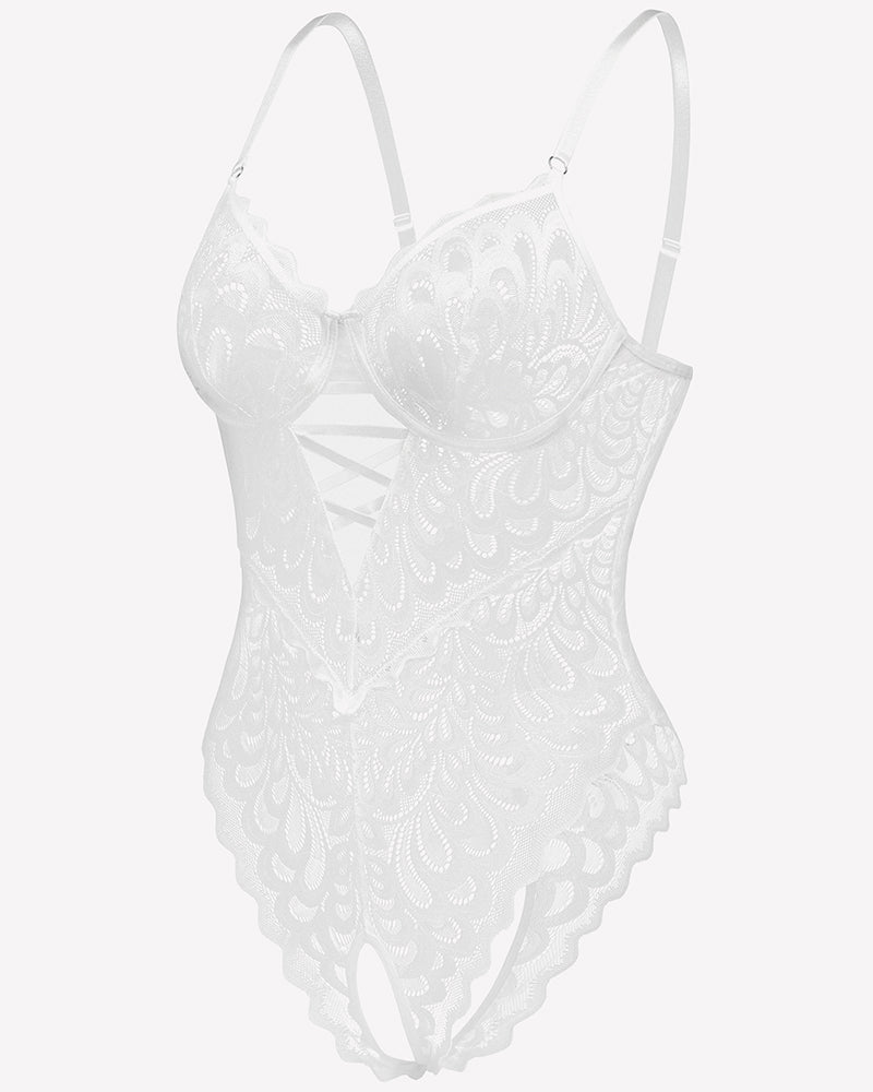 White lace crotchless teddy bodysuit with underwire cups and allover lace detailing