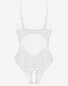 White lace deep V crotchless teddy with sheer center panel and satin trim