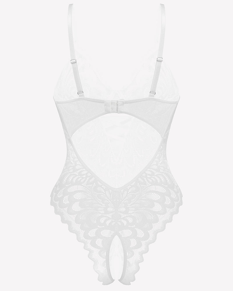 White lace deep V crotchless teddy with sheer center panel and satin trim
