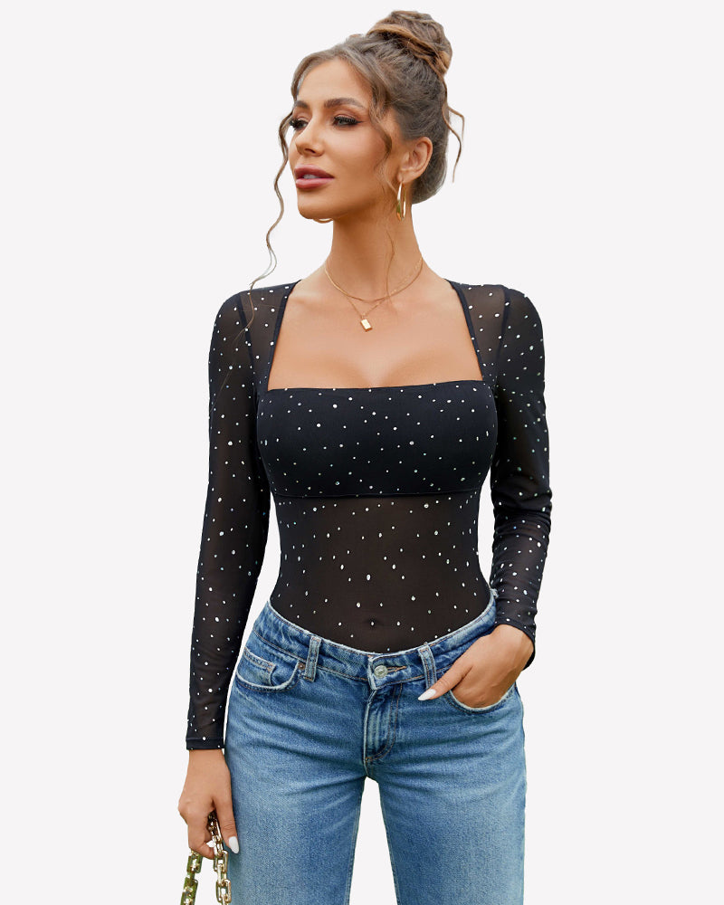 Black rhinestone mesh long-sleeve square-neck bodysuit.