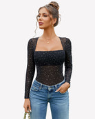Black rhinestone mesh long-sleeve square-neck bodysuit.