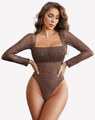 Nude rhinestone mesh long-sleeve square-neck bodysuit with thong cut.