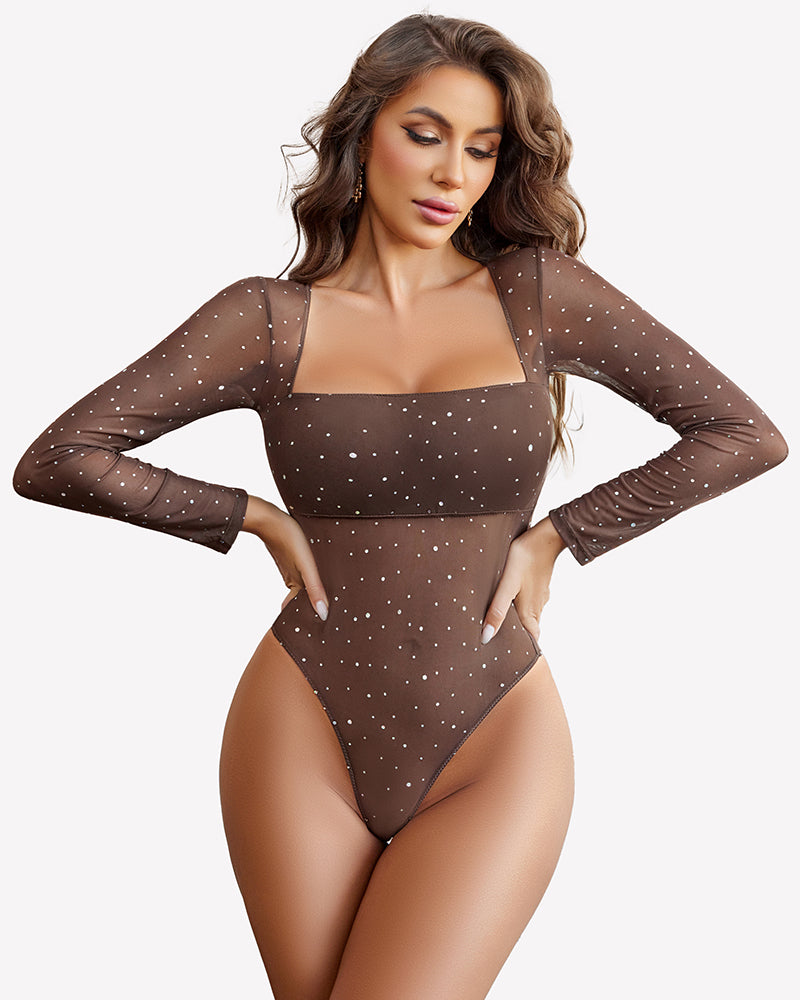 Nude rhinestone mesh long-sleeve square-neck bodysuit with thong cut.