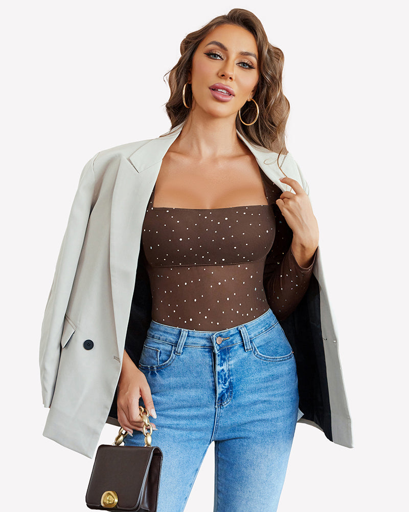 Nude rhinestone mesh long-sleeve square-neck bodysuit.